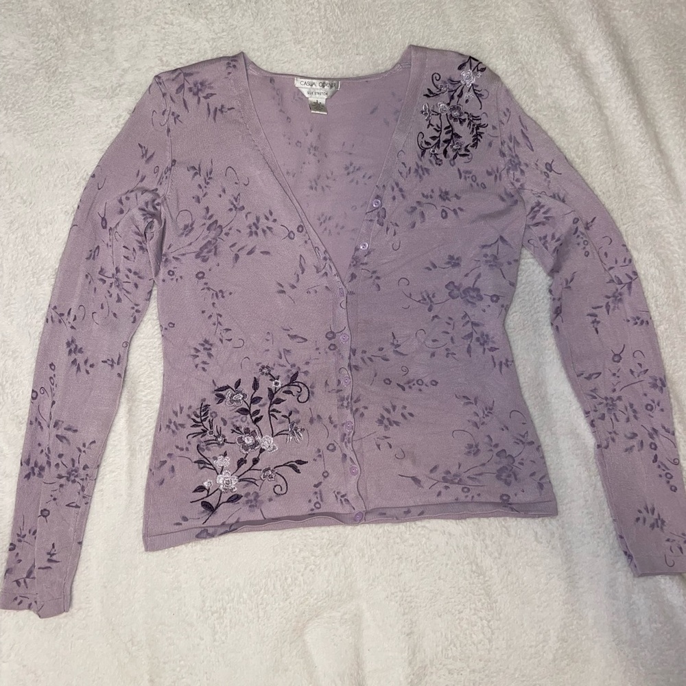 Purple flower long sleeve button up blouse